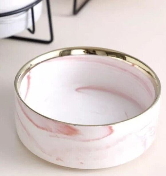 Unbranded Other - Pink White Marble Swirl Pet Bowl Water Food Dog Set Ceramic